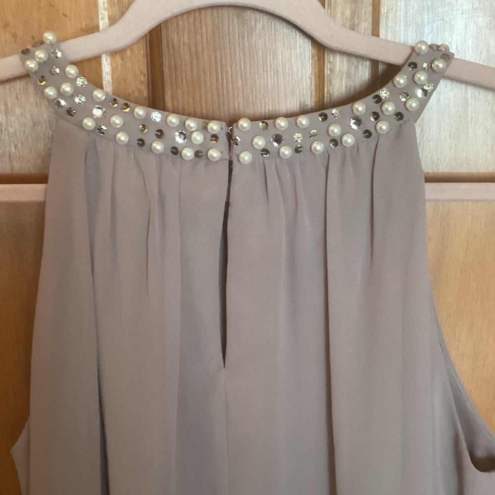 SLNY Taupe Mini Dress with Embellished Neckline - Picture 3 of 5